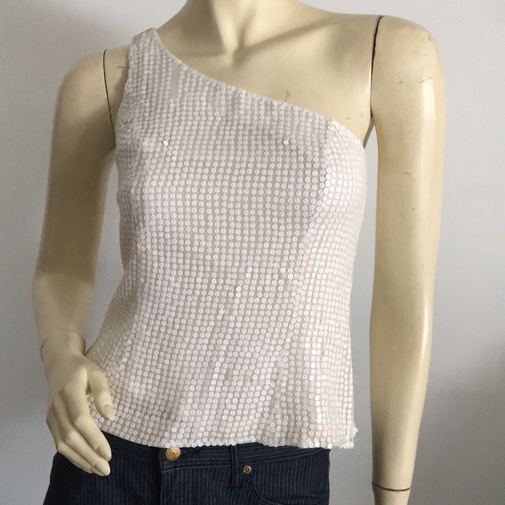 White Sequin embellished symmetrical one shoulder tank top
